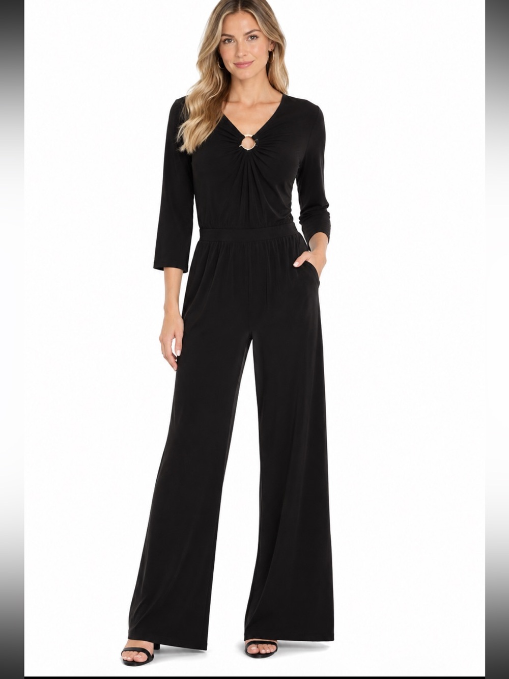 Gilli Black Long-Sleeve Wide-Leg Jumpsuit with Ring Detail